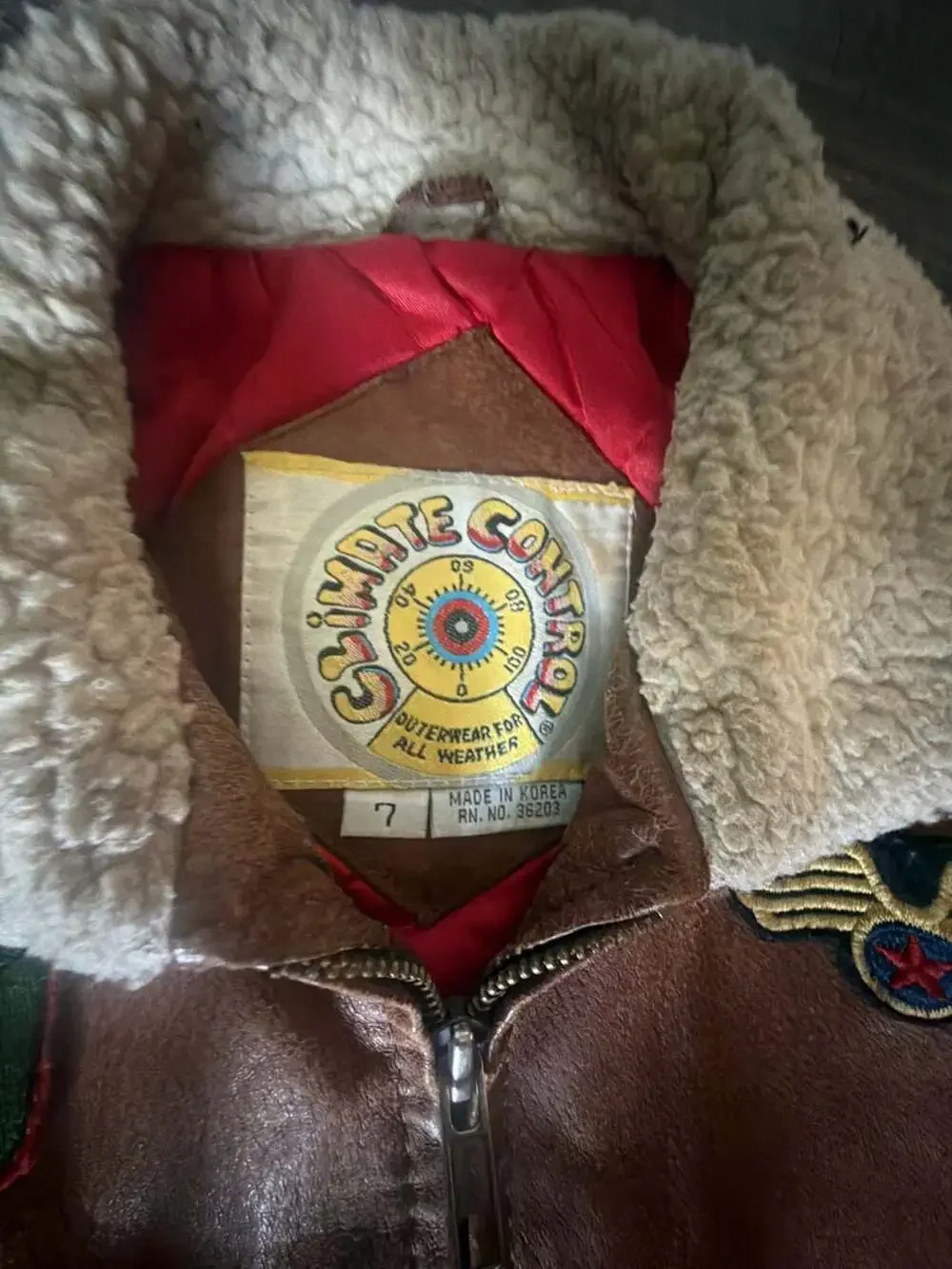 Vintage Climate Control Kids Leather Bomber Flight Jacket with Patches